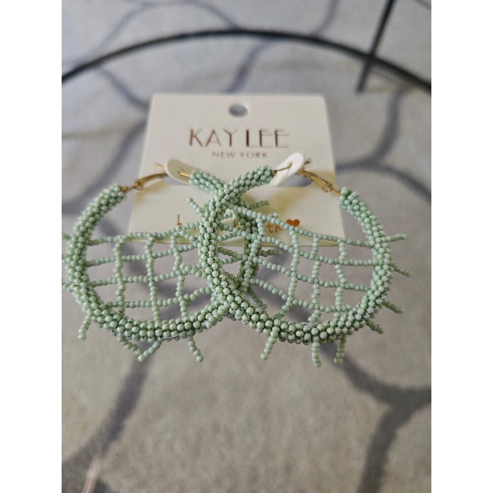 Kay Lee Sage Green Web Hoop Earrings New - Picture 3 of 3